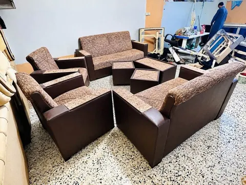 7-Seat Sofa Set with 3 Tea Tables, Brown Leather